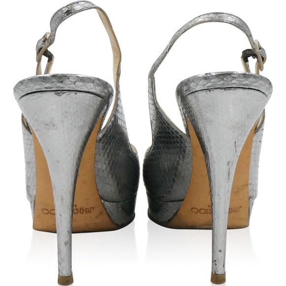 AUTHENTIC Jimmy Choo Metallic Silver Snakeskin Peep Toe 36.5 - Picture 3 of 5